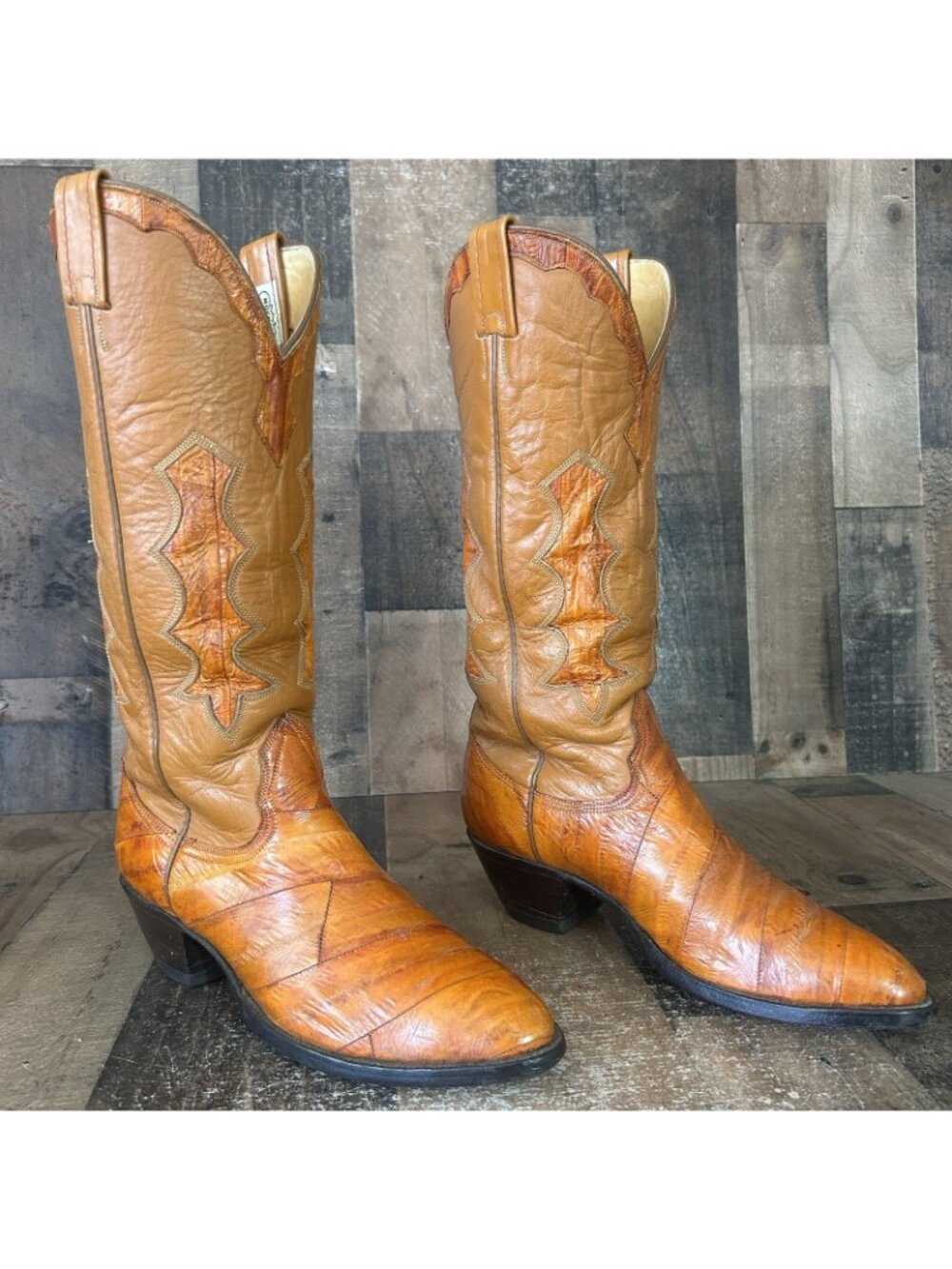 Nocona Vintage Eel Skin Leather Inlay Western Cowboy Boots Womens 8.5 C - Picture 2 of 12